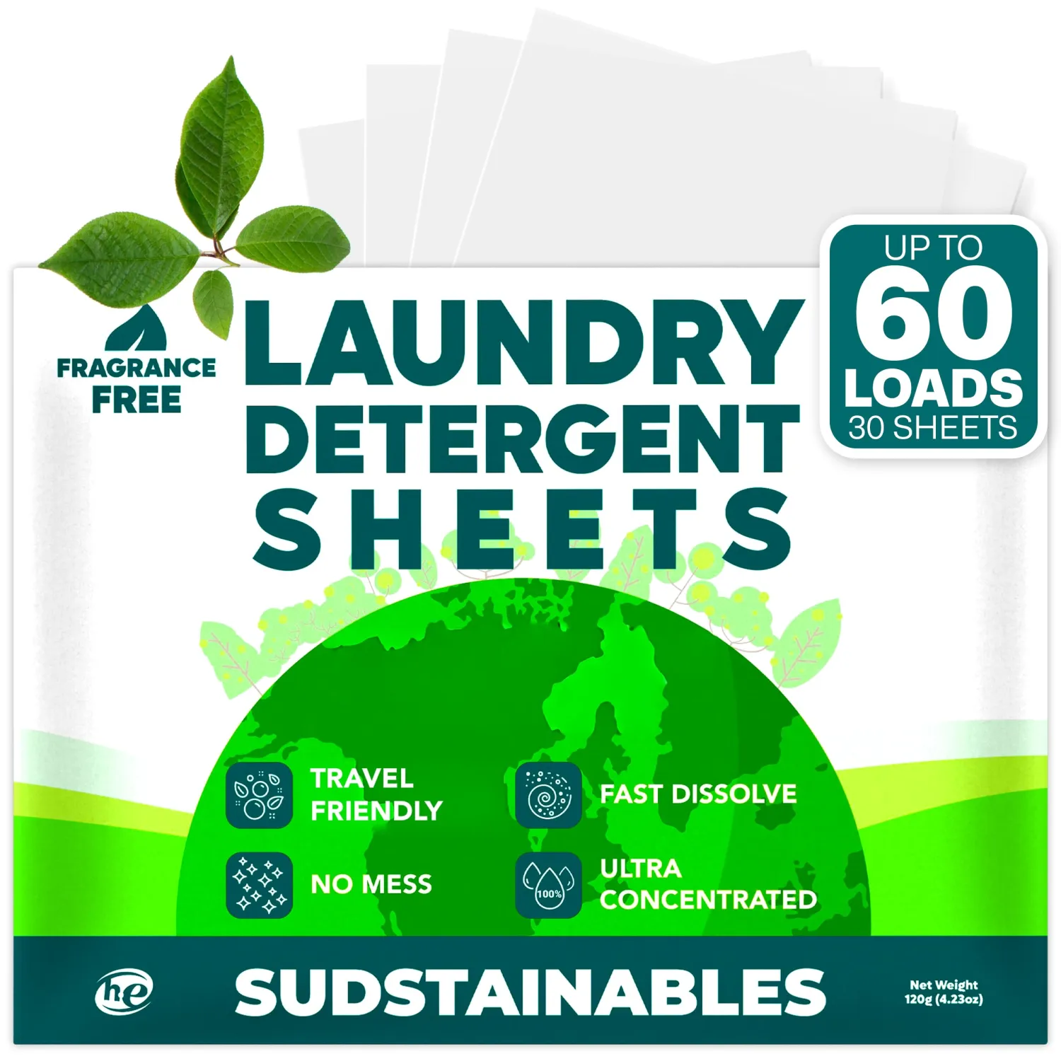 Sudstainables Laundry Detergent Sheets 60 Loads – Dissolvable Laundry Sheet for Washing Machines, Compact Alternative to Liquid & Powder Detergent, Travel-Friendly Soap | Fragrance Free