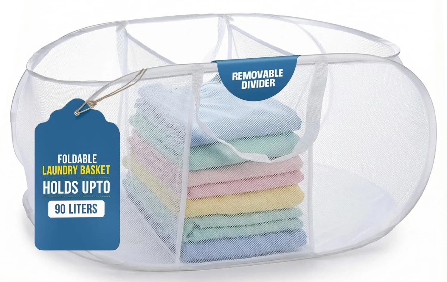 Handy Laundry Collapsible Laundry Basket, 3-Compartment Mesh Laundry Sorter, Foldable Pop Up Hamper with Handles, Space-Saving Durable Organizer for Dorm, Bedroom, Travel, White