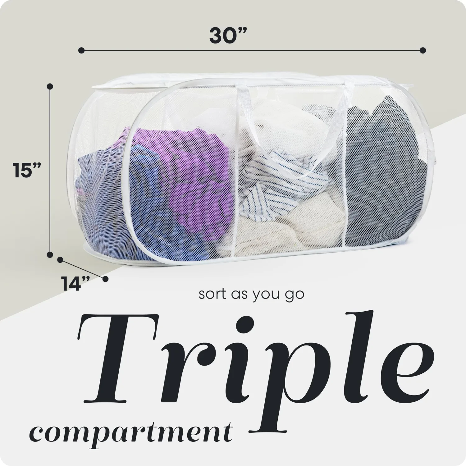 Handy Laundry Collapsible Laundry Basket, 3-Compartment Mesh Laundry Sorter, Foldable Pop Up Hamper with Handles, Space-Saving Durable Organizer for Dorm, Bedroom, Travel, White