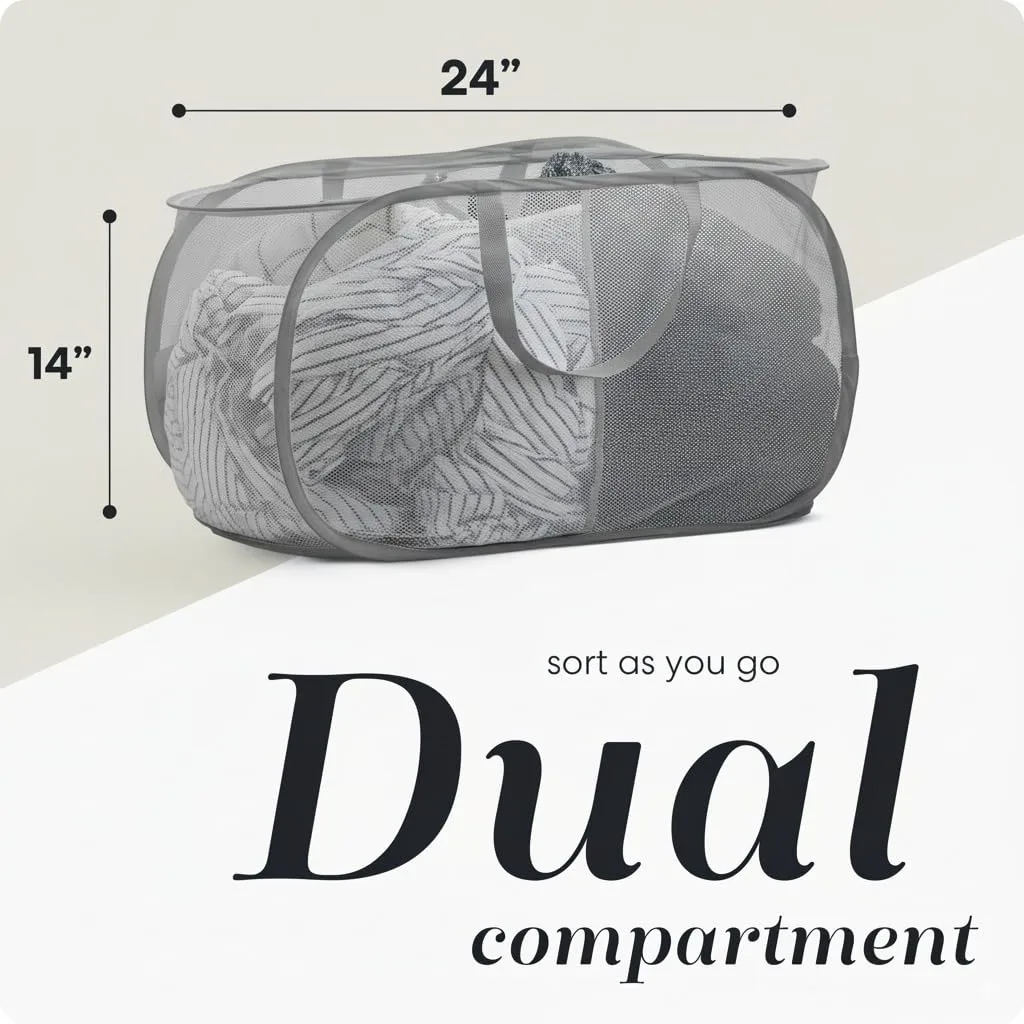 Foldable Laundry Basket - Popup and Collapsible, Durable Mesh Material, Folds for Storage, Easy Carry Handles - Great Hamper for College Dorm, Laundry Room or Travel (Black, 2-Compartments)