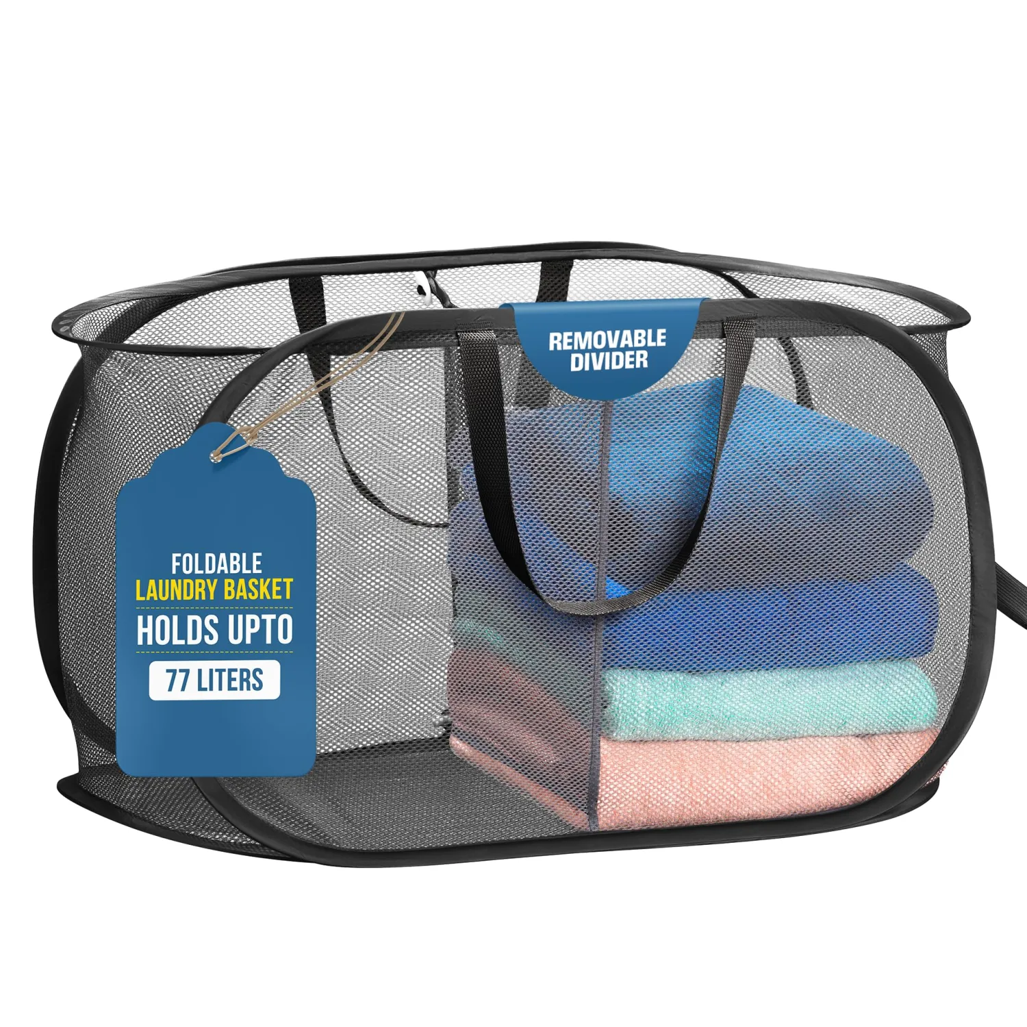 Foldable Laundry Basket - Popup and Collapsible, Durable Mesh Material, Folds for Storage, Easy Carry Handles - Great Hamper for College Dorm, Laundry Room or Travel (Black, 2-Compartments)