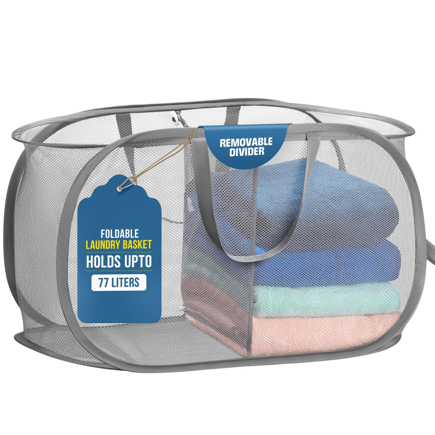 Handy Laundry Collapsible Laundry Basket, 2-Compartment Mesh Pop Up Hamper with Handles – Foldable, Space-Saving Dirty Clothes Organizer for Dorm, Travel, Laundry Room, Grey