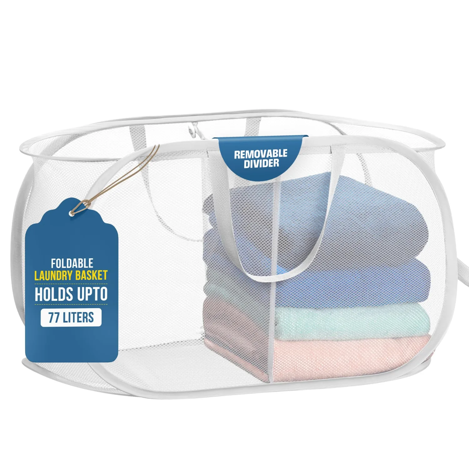 Handy Laundry Collapsible Laundry Basket, 2-Compartment Mesh Hamper – Foldable, Space-Saving, Lightweight & Durable with Handles for Dorm, Travel, Laundry Room, Apartment – White