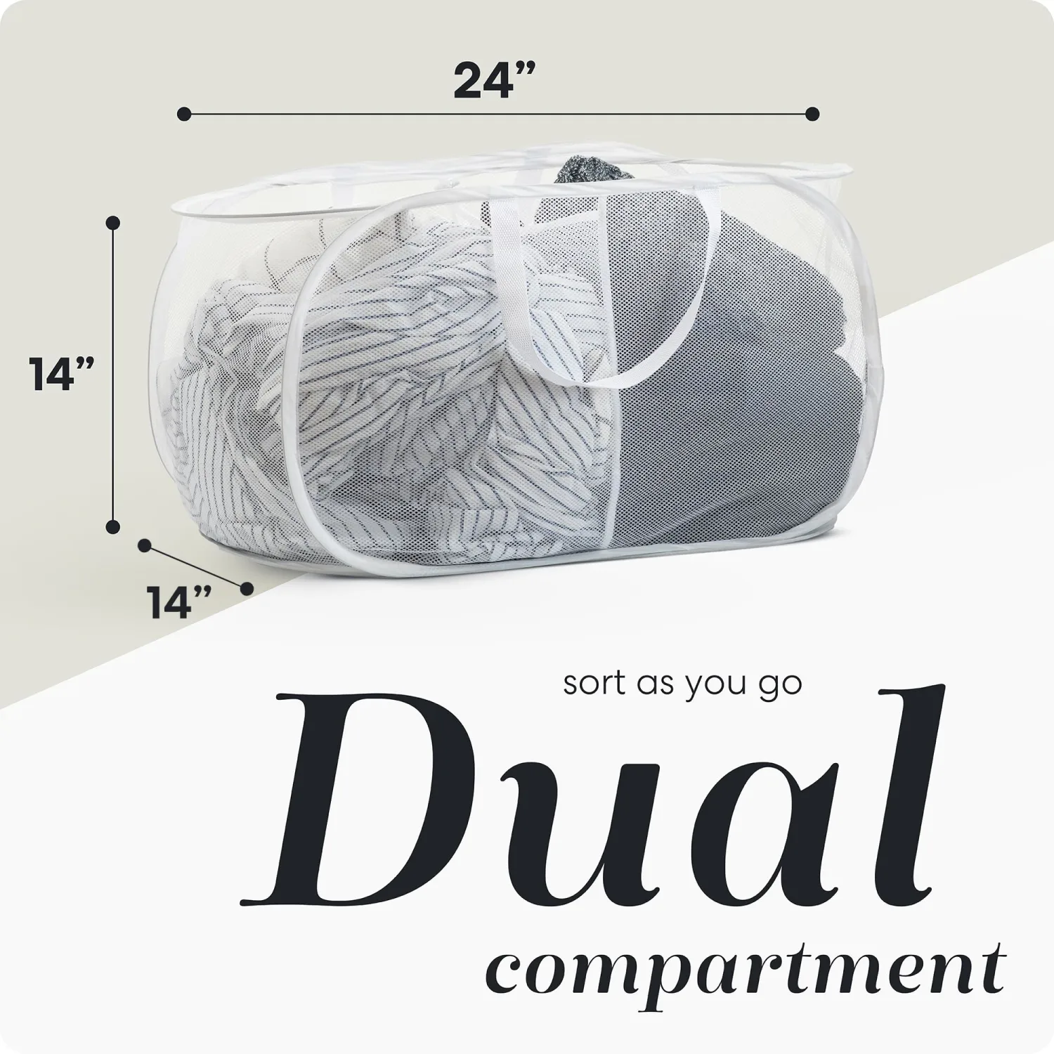 Handy Laundry Collapsible Laundry Basket, 2-Compartment Mesh Hamper – Foldable, Space-Saving, Lightweight & Durable with Handles for Dorm, Travel, Laundry Room, Apartment – White