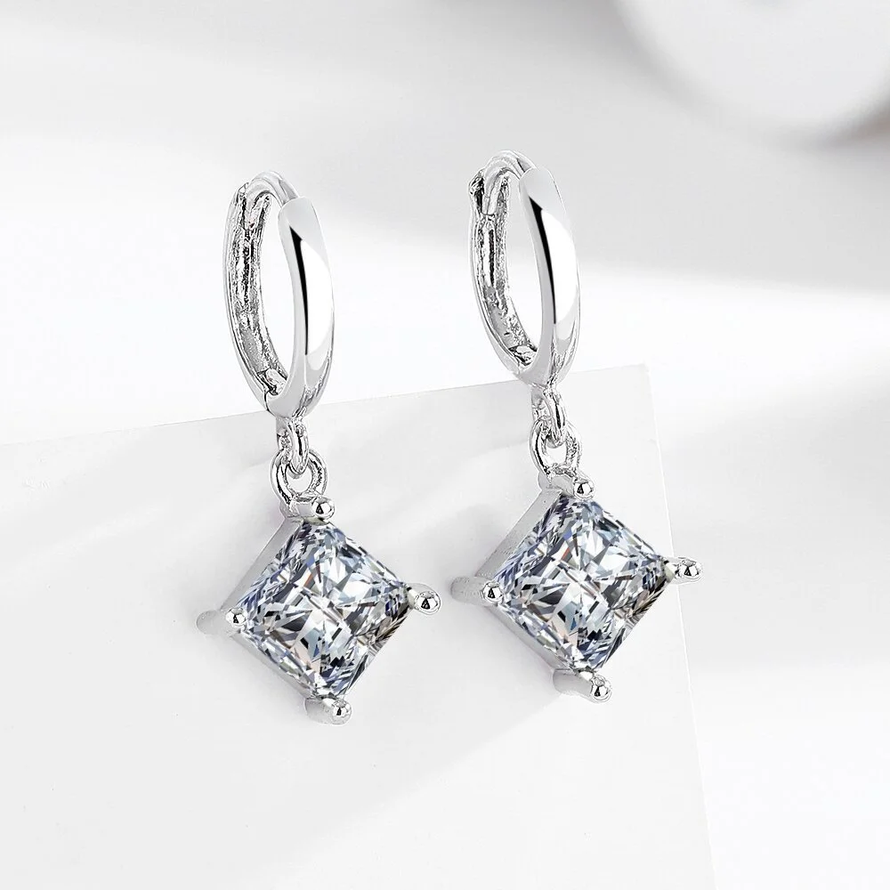 Fashionable Square Diamond-Encrusted Silver-Plated Earrings