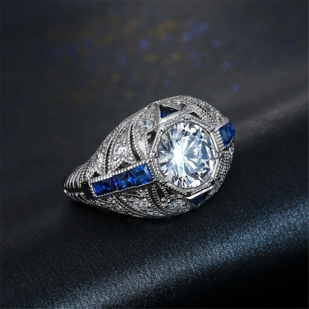 European And American Silver Sapphire Ring