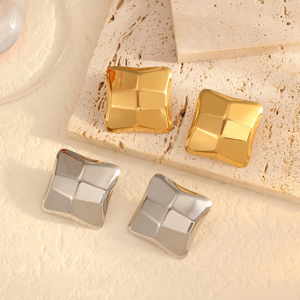 Geometric Embossed Cube Titanium Steel Earrings