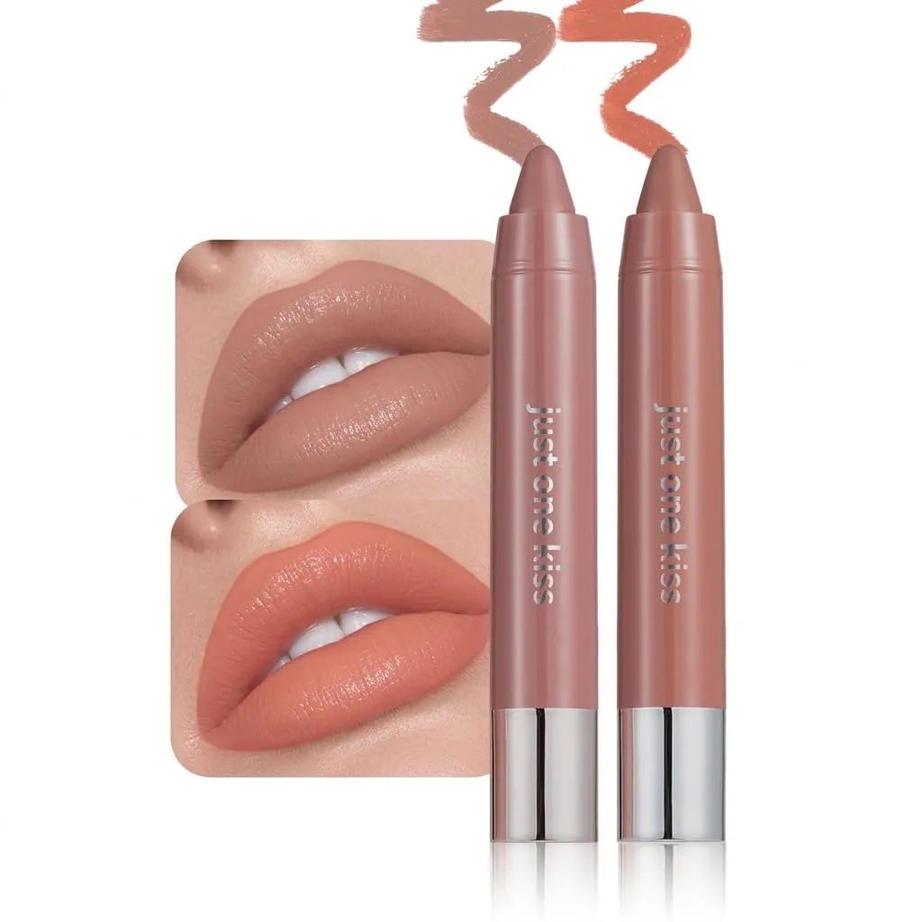 2Pcs Nuetral Nude & Coral Hydrating Cream Lipsticks Lip Crayon for Women, Moisturing Lipstick Longwear Lip Liner Crayon Set for Ombre Shades, Matte Creamy Natural Nourishing Tinted Lips Balm Set