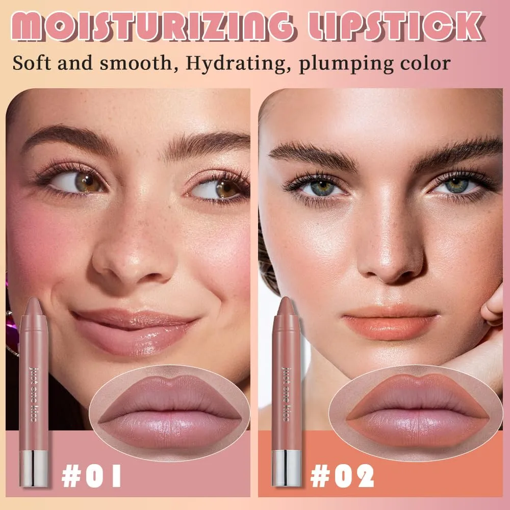 2Pcs Nuetral Nude & Coral Hydrating Cream Lipsticks Lip Crayon for Women, Moisturing Lipstick Longwear Lip Liner Crayon Set for Ombre Shades, Matte Creamy Natural Nourishing Tinted Lips Balm Set