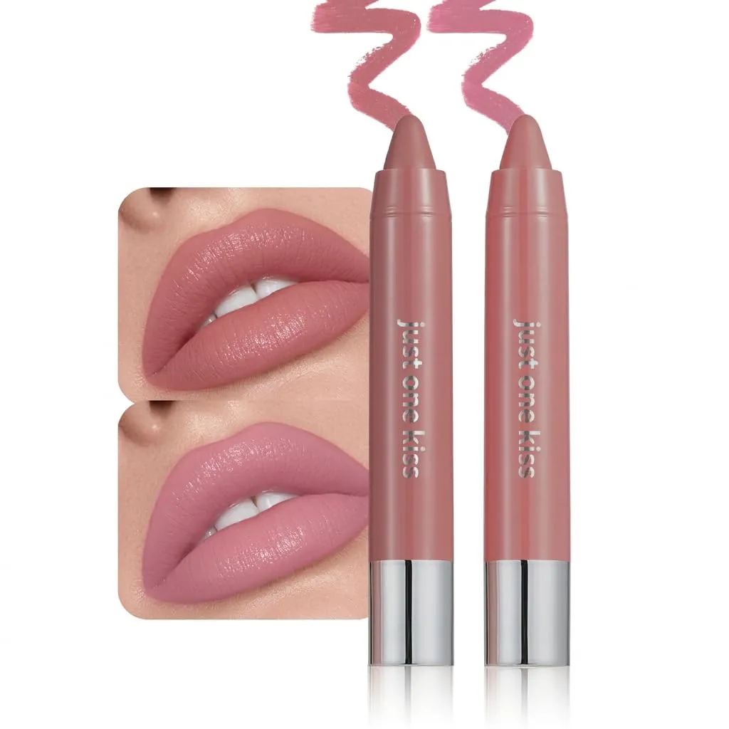 2Pcs Pink Nude & Soft Brown Hydrating Cream Lipsticks Lip Crayon for Women, Non Sticky Lipstick Longwear Lip Liner Crayon Set, Natural Creamy Lips Stick Moisturing Nourishing Lips Balm Stick Set, B