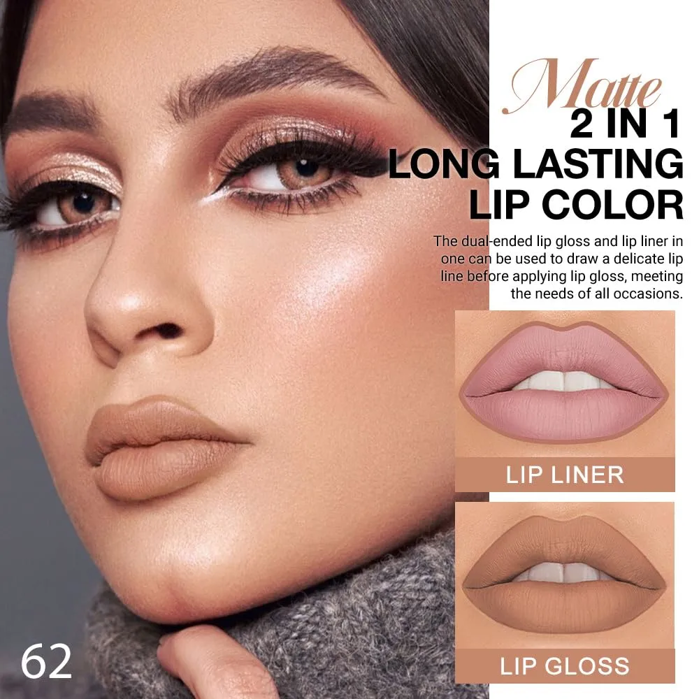 1Pcs 2 in 1 True Nude Matte Lip Liner and Liquid Lipstick Stain Makeup Set for women, True Nude Long Lasting Smudge Proof Lip Tint Matte Finish Lip Gloss for All-Day Color Hold Easy to Use 62#