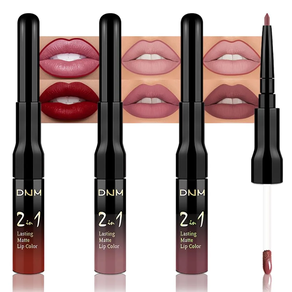 3Pcs 2 in 1 Dark Red Nuetral Mauve Red Brown Matte Lip Liner and Liquid Lipstick Stain Makeup Set for women, Long Lasting Smudge Proof Lip Tint Matte Finish Lip Gloss for All-Day Color Hold Set34