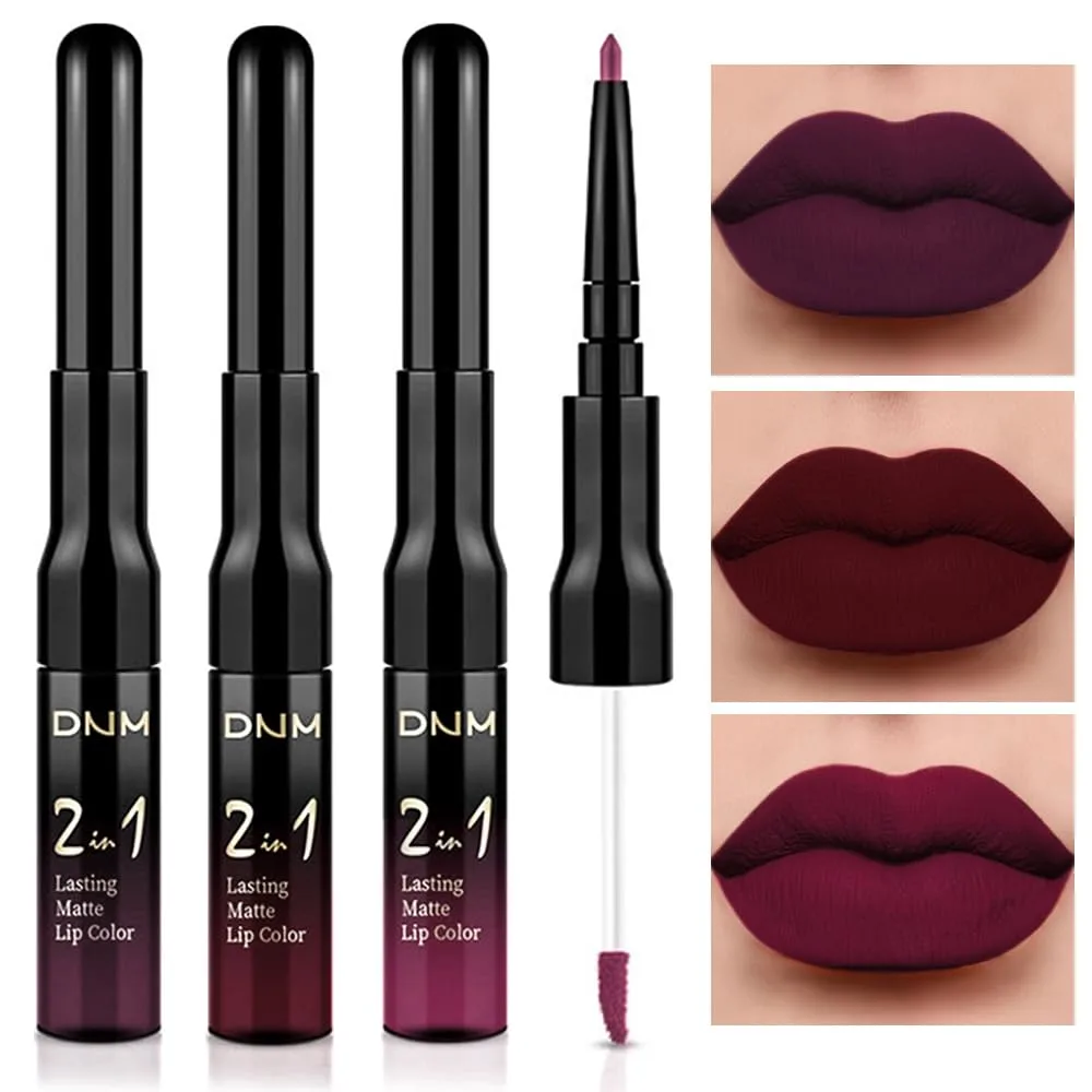 3Pcs 2 in 1 Dark Deep Red Purple Plum Black Cherry Lip Liner and Liquid Lipstick Stain Makeup Set for women, Long Lasting Smudge Proof Lip Tint Matte Finish Lip Gloss for All-Day Color Hold , Set11