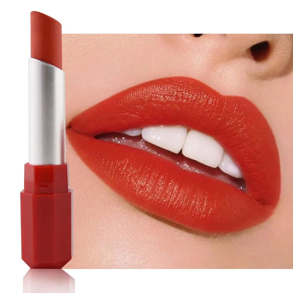 Orange Red Cream Matte Lipstick Stick 06#, Longwear Full Coverage Velvet Lip Color, Waterproof Multi-Use Lip & Cheek Makeup for Party & Daily Wear, Labial con color mate para uso diario