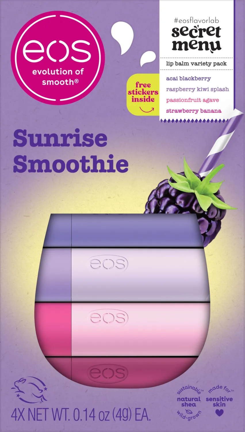 eos Flavor Lab Secret Menu Lip Balm Gift Set - Sunrise Smoothie, Limited-Edition, Moisturizing Care for Dry Lips, Variety Pack, 0.14 oz, 4-Pack