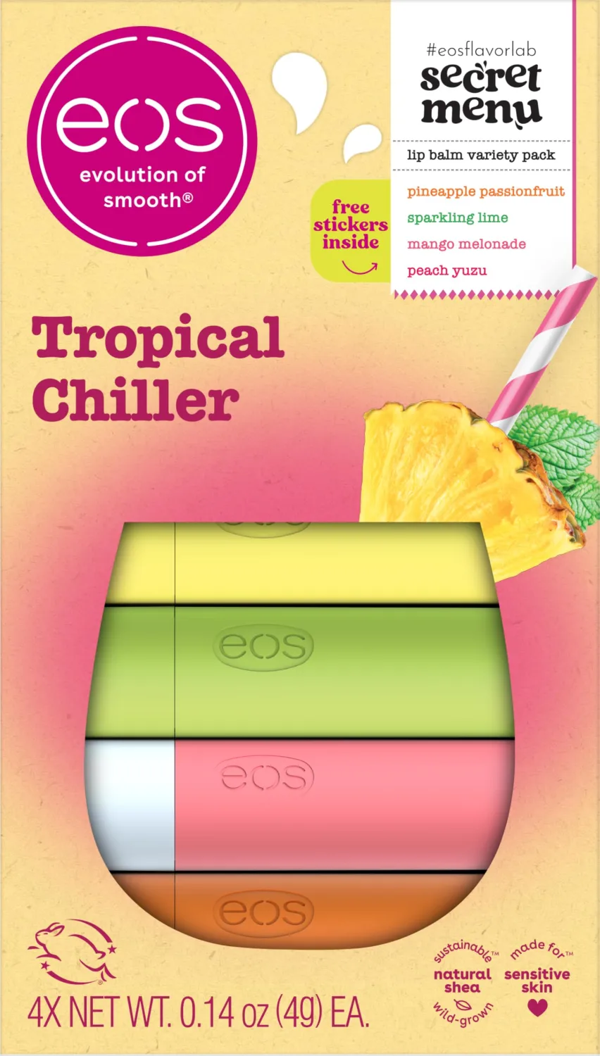 eos Flavor Lab Secret Menu Lip Balm Gift Set - Tropical Chiller, Limited-Edition, Moisturizing, Hydrating, Dry Lips, Variety Pack, 0.14 oz, 4-Pack