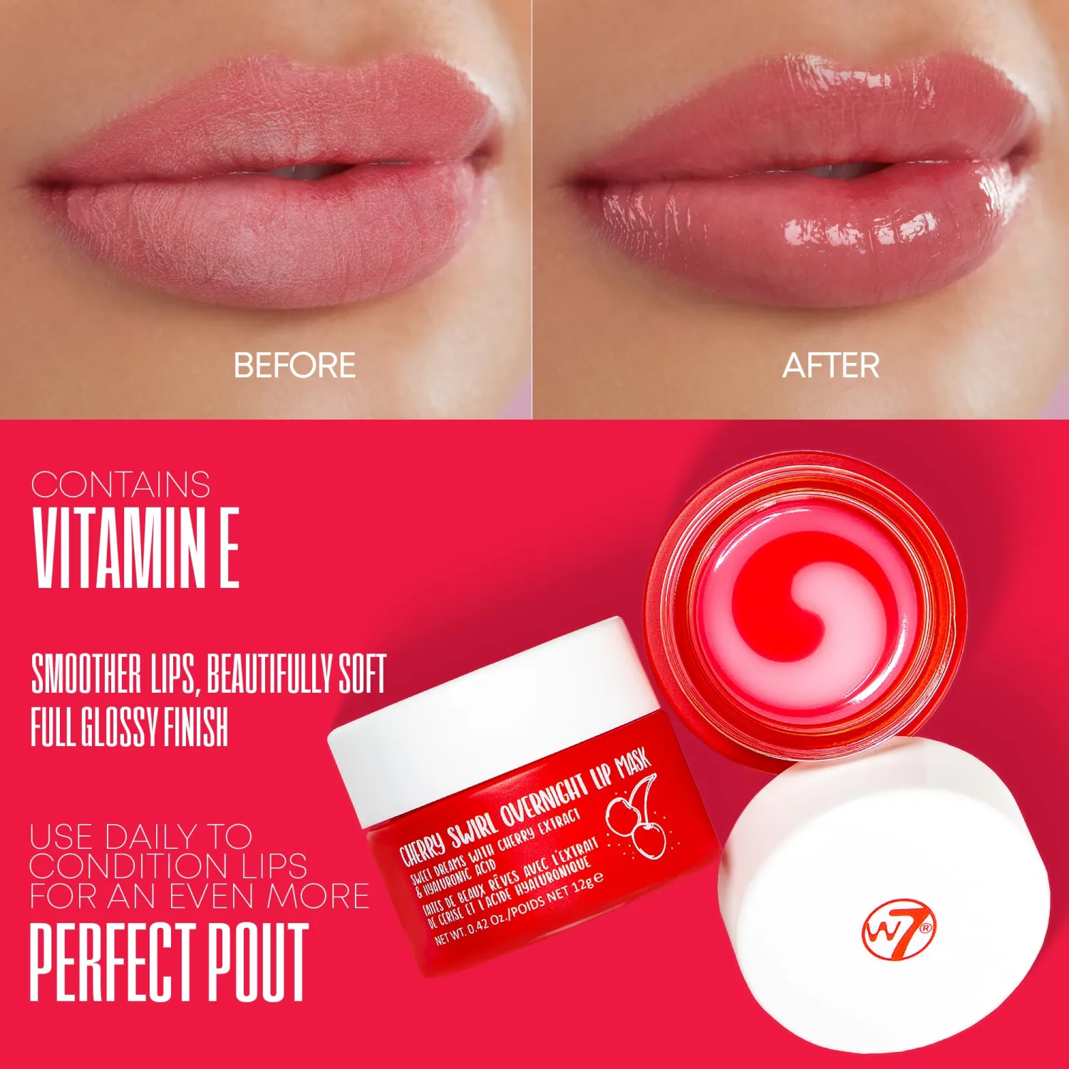 W7 Sweet Dreams Overnight Cherry Swirl Lip Mask - Cherry Extract & Hyaluronic Acid - For Hydrated, Full Looking & Irresistible Lips