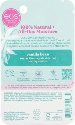 eos 100% Natural & Organic Lip Balm Stick- Vanilla Bean, Dermatologist Recommended for Sensitive Skin | All-Day Moisture Lip Care Products | 0.14 oz (Pack of 2)