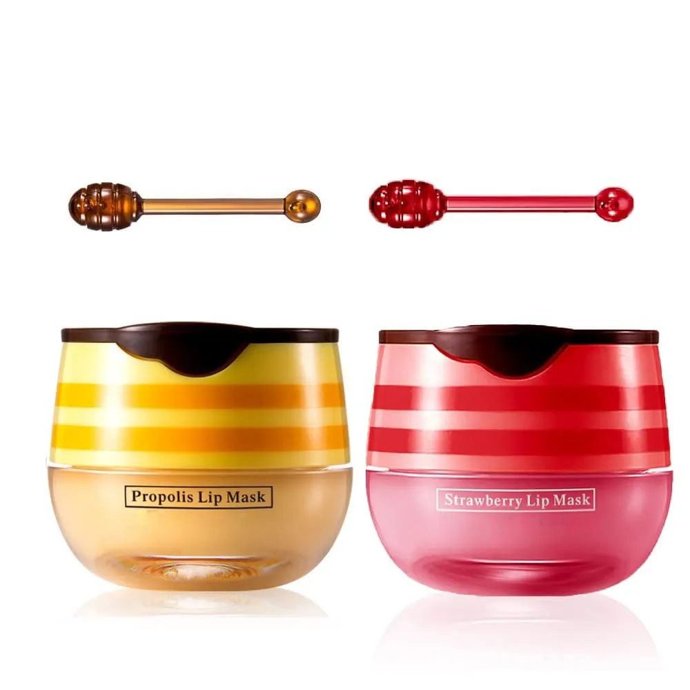 2 Pcs Lip Balm Honey Pot, Honey & Strawberry Moisturizing Lip Mask Reduces Lip Lines and Exfoliator, Prevention Dry & Cracked Lip. (Honey & Strawberry)