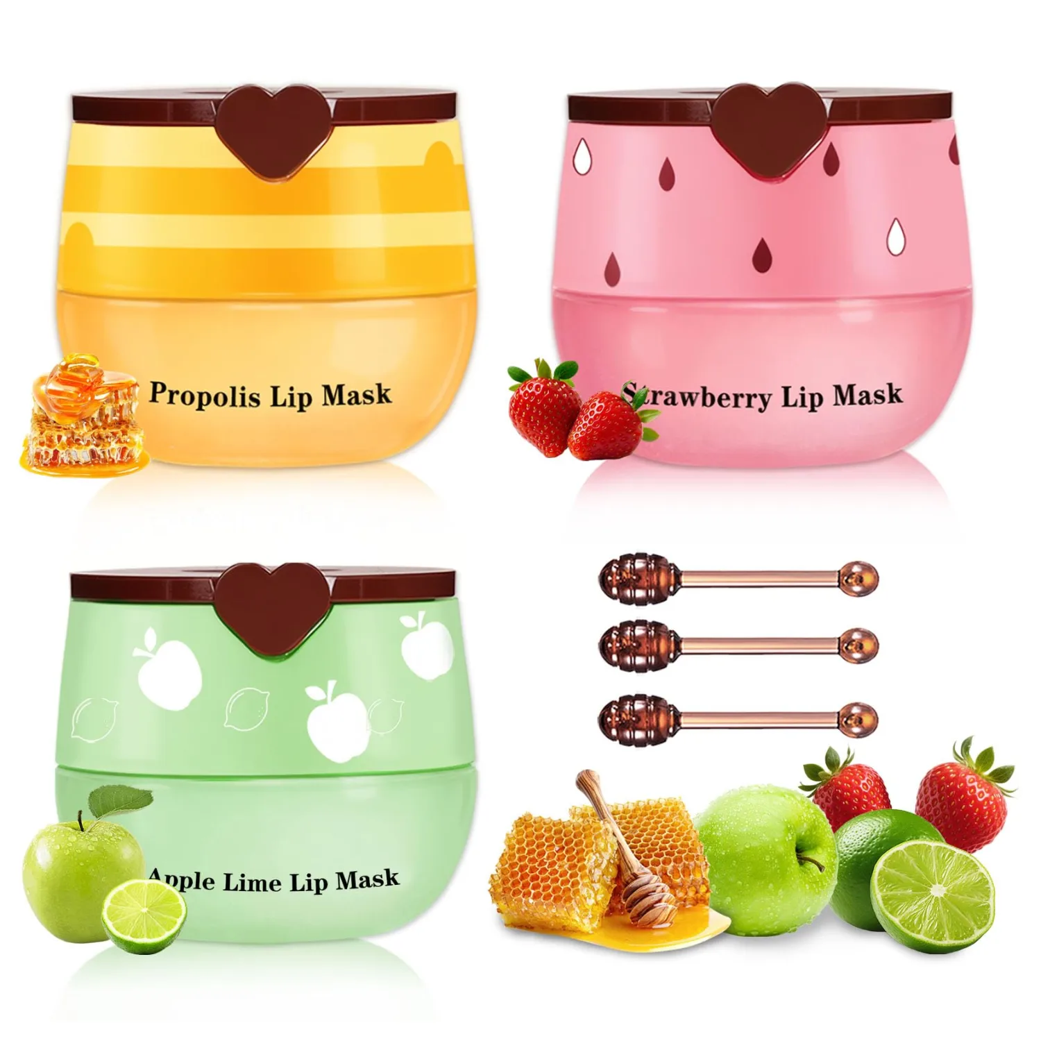 AWCCXMYM 3 PCS Bee Lip Balm Honey Pot Bee Balm Lip Balm Strawberry Apple Honey Balm Hydrating Sleeping Lip Mask Overnight Honeybalm with Sticks
