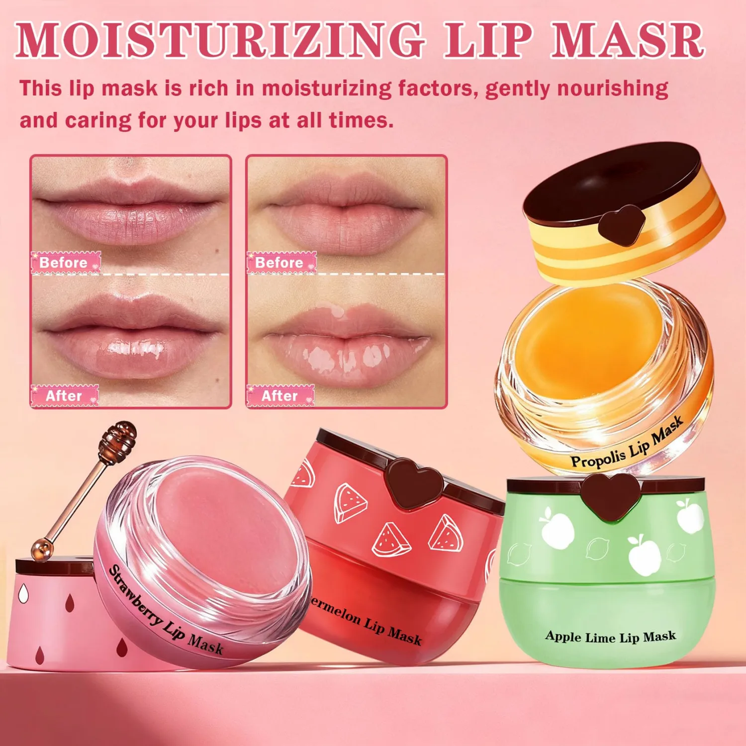 AWCCXMYM 3 PCS Bee Lip Balm Honey Pot Bee Balm Lip Balm Strawberry Apple Honey Balm Hydrating Sleeping Lip Mask Overnight Honeybalm with Sticks