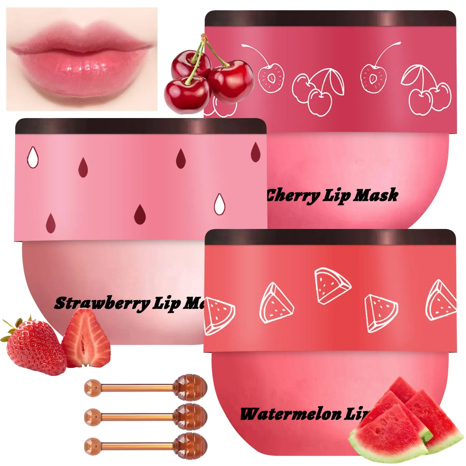 3 PCS Bee Lip Balm Honey Pot, Watermelon & Cherry & Strawberry Lip Mask Overnight Propolis Moisturizing Lip Balm Hydrating Prevention Dry and Crack Lip Scrubs Exfoliator Lip Wrinkle Care (Set C)