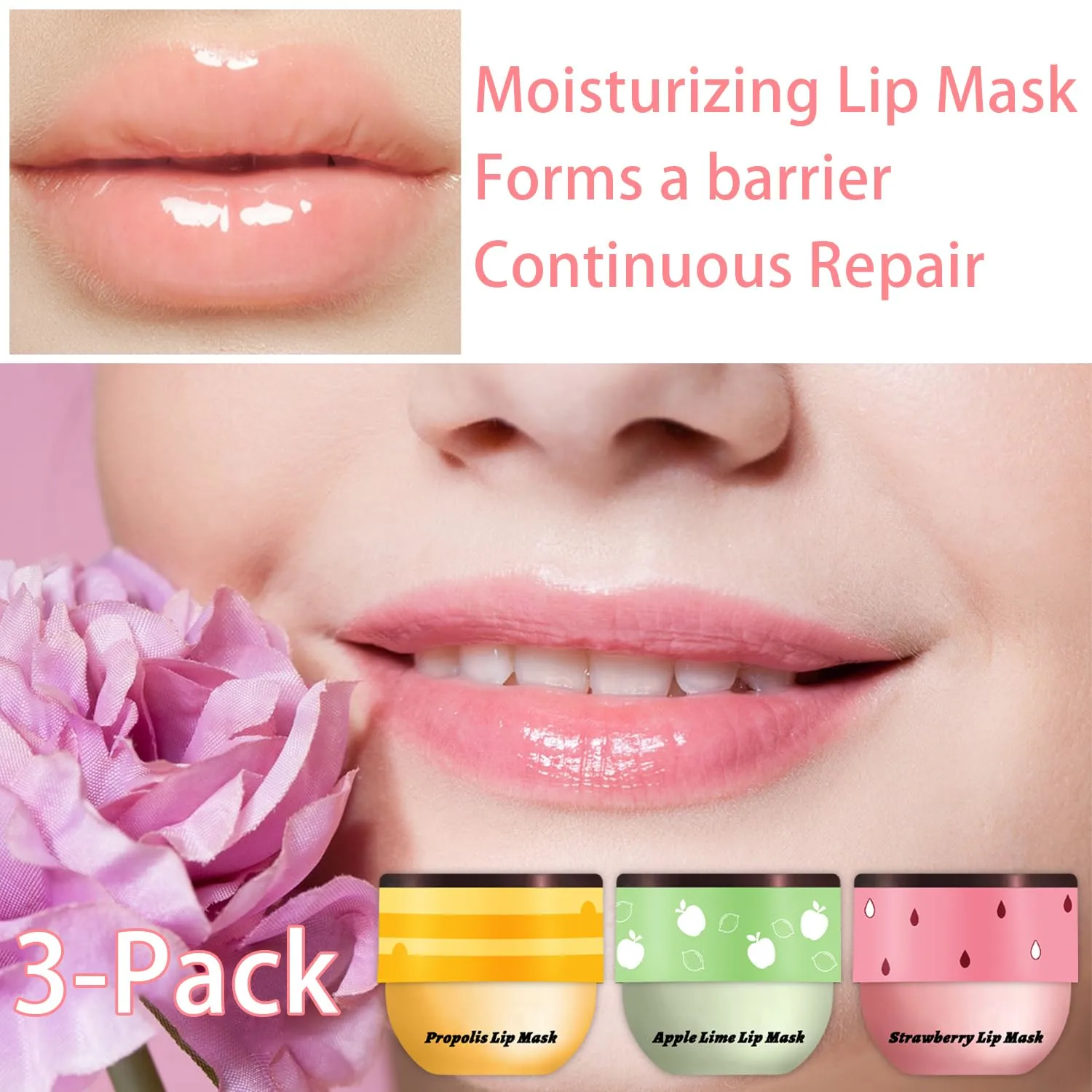 3 PCS Bee Honey Pot Lip Balm & Mask Set A - Strawberry, Apple Lime, Propolis - Moisturizing, Hydrating, Wrinkle Care