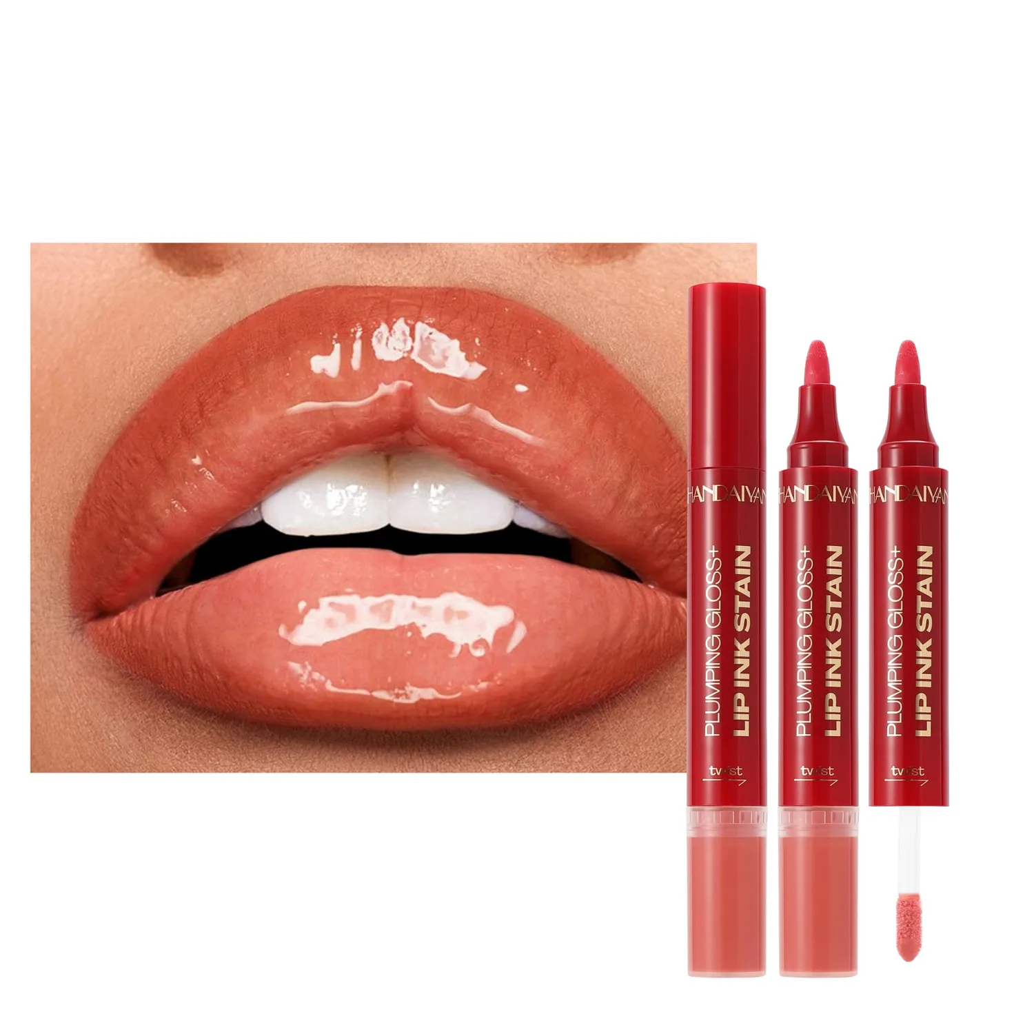 Beauty Glazed 2-in-1 Lip Stain & Plumping Lip Gloss – Lip Oils + Lip Liner Pencil Lip Combo for Fuller, Defined Lips – Long Lasting, Smudge-Proof, High-Shine Color (#02 Warm Terracotta Nude)