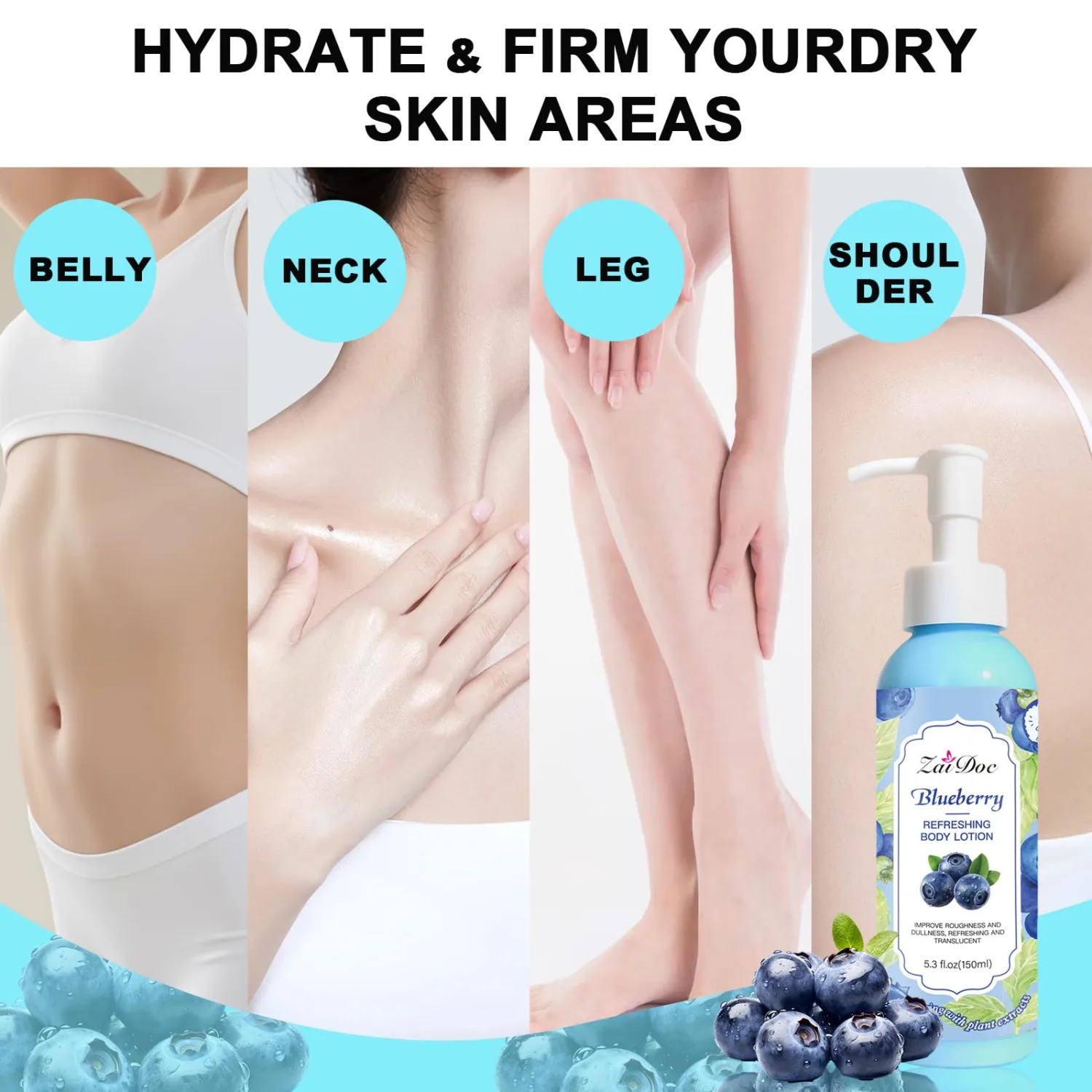 Body Lotion, 24hr Moisturizing & Deep Hydration, Absorbs Instantly Moisturizer for All Skin Types, 5.3 fl oz (1 Pack, Blueberry)
