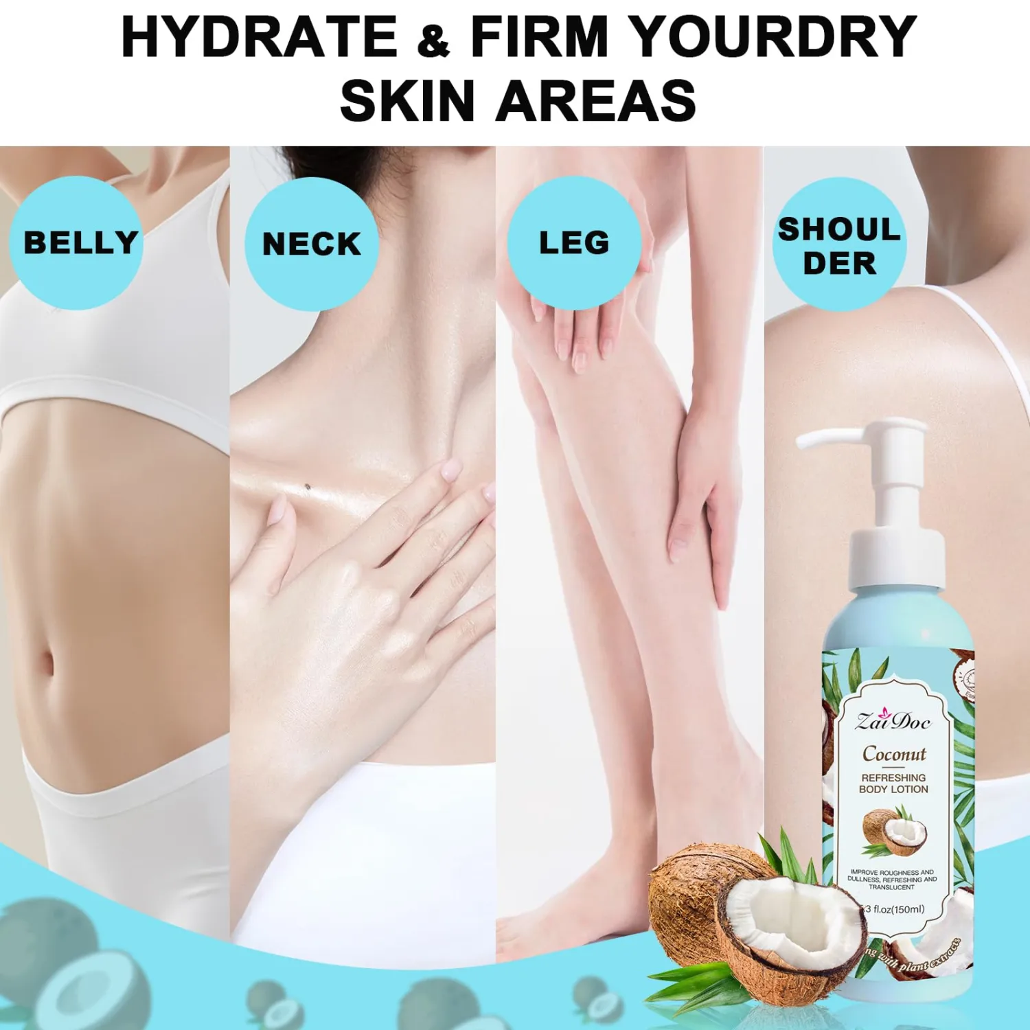 Body Lotion, 24hr Moisturizing & Deep Hydration, Absorbs Instantly Moisturizer for All Skin Types, 5.3 fl oz (1 Pack, Coconut)