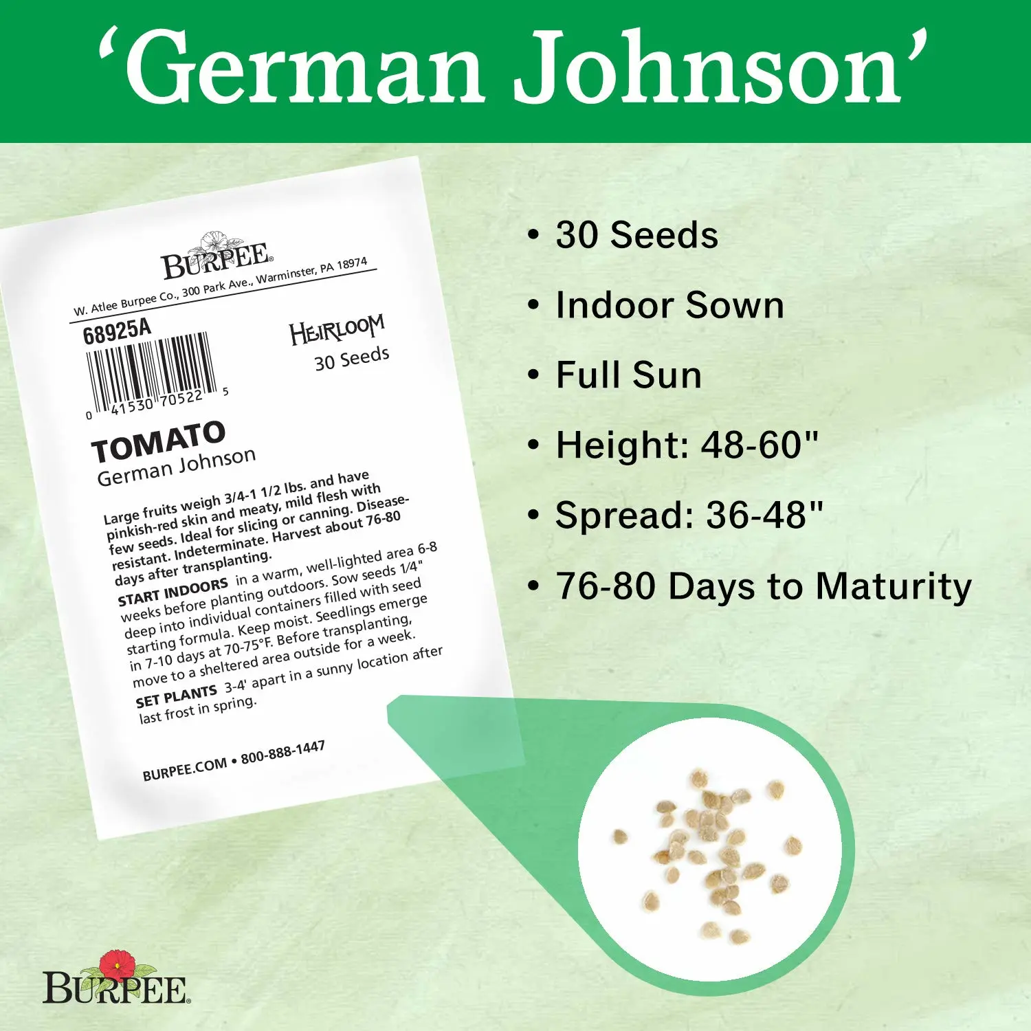 Burpee 'German Johnson' Heirloom, Large Pink Beefsteak Slicing Tomato, 30 Non-GMO Seeds