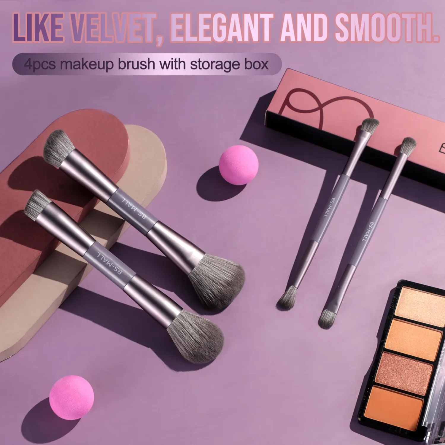 BS-MALL 4 Pcs Portable Double-ended Makeup Brush Set - Luxury Eyeshadow Brush, Concealer Brush, Blush brush & Foundation brush for Lightweight Multi-purpose Daily Use (Purple)