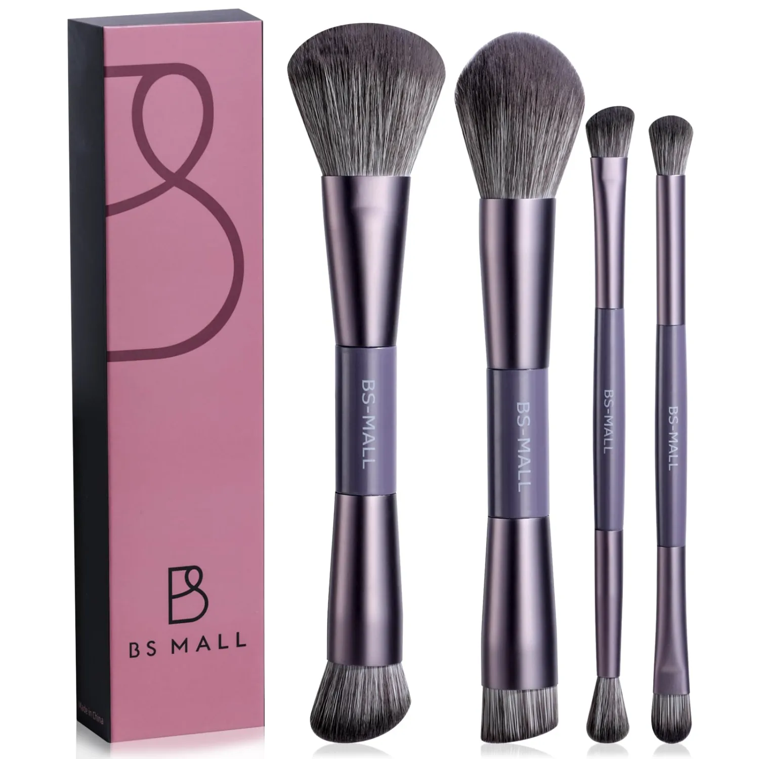 BS-MALL 4 Pcs Portable Double-ended Makeup Brush Set - Luxury Eyeshadow Brush, Concealer Brush, Blush brush & Foundation brush for Lightweight Multi-purpose Daily Use (Purple)
