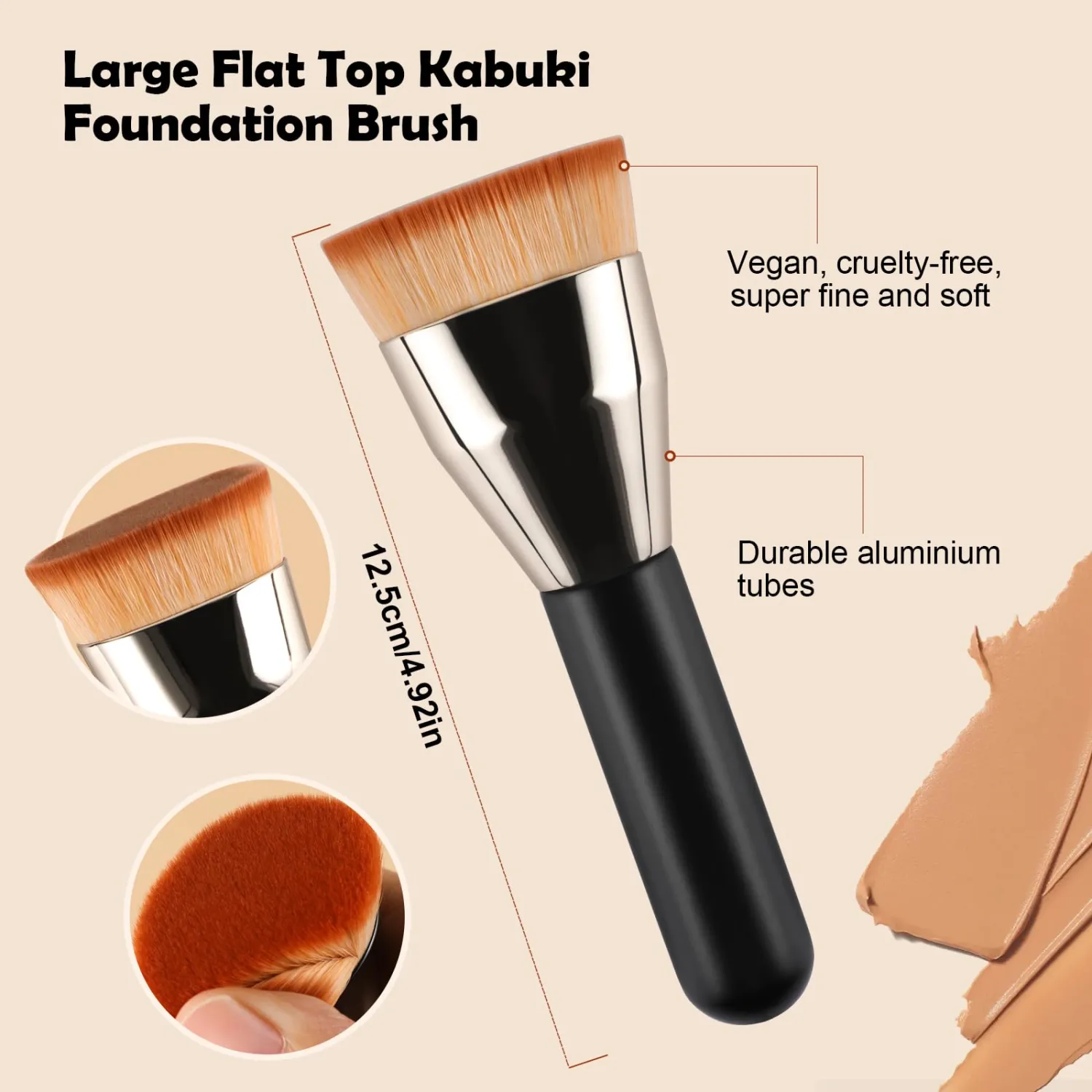 Flat Top Kabuki Foundation Brush,Professional Makeup Brush for Liquid Foundation,Make up Blending Brush for Liquid, Cream, and Powder(Gold)