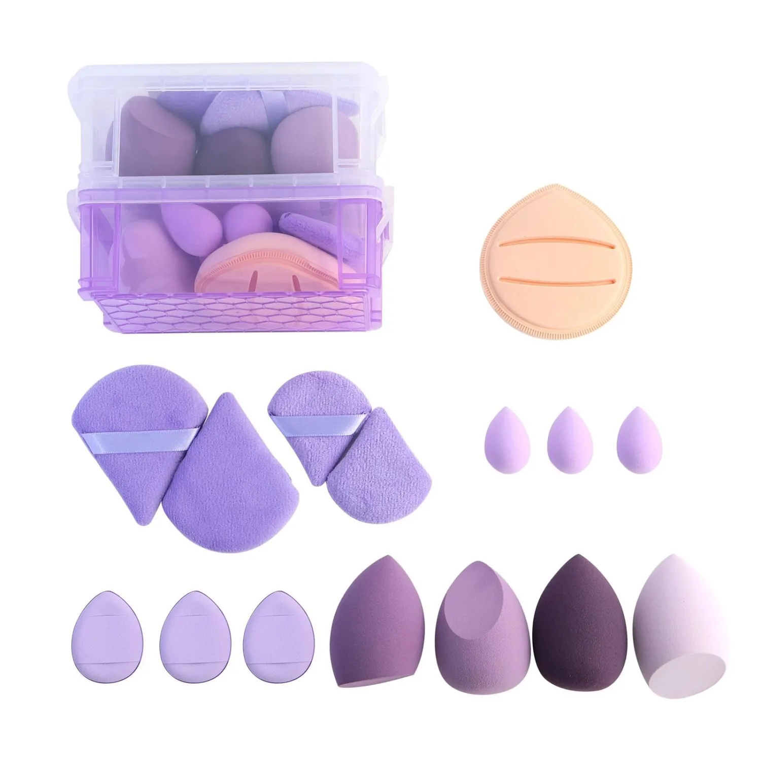 Aspira 15 Pcs Makeup Sponge & Puff Set – Includes Rubycell Sponge, Large & Mini Beauty Blenders, Triangle & Finger Puffs – For Liquid & Powder, Soft & Reusable (purple)