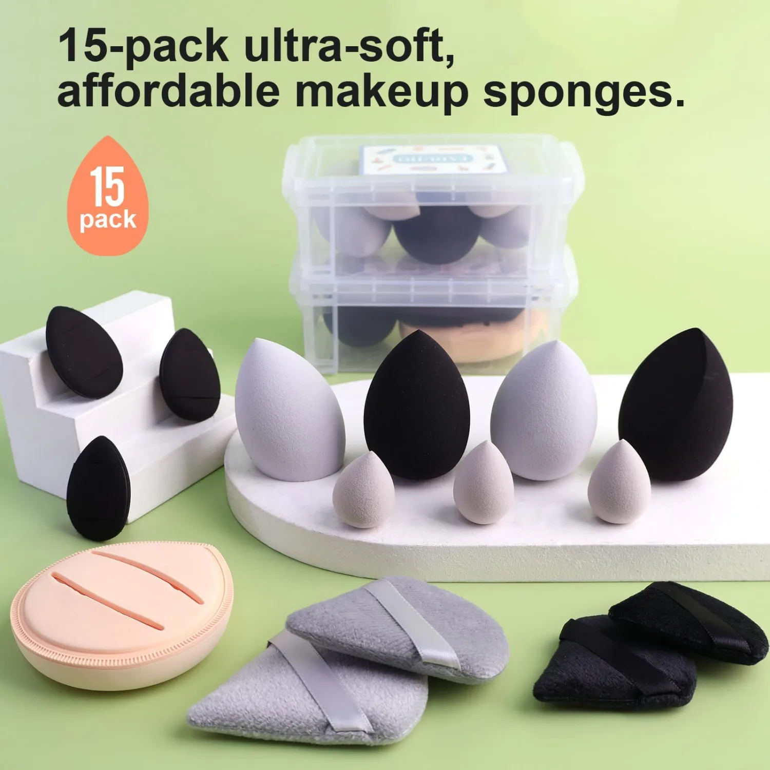 Aspira 15 Pcs Makeup Sponge & Puff Set – Includes Rubycell Sponge, Large & Mini Beauty Blenders, Triangle & Finger Puffs – For Liquid & Powder, Soft & Reusable (purple)