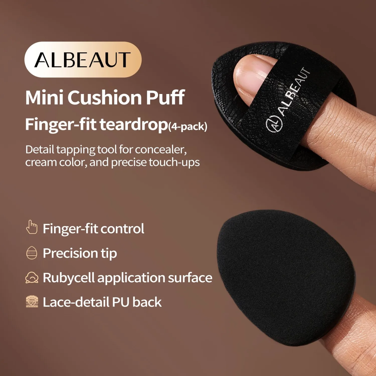 ALBEAUT Mini Cushion Puff, 4PCS Finger-Fit Teardrop Makeup Applicator for Concealer, Cream Blush & Highlighter, Precision Detail Puff for Under Eye & Nose