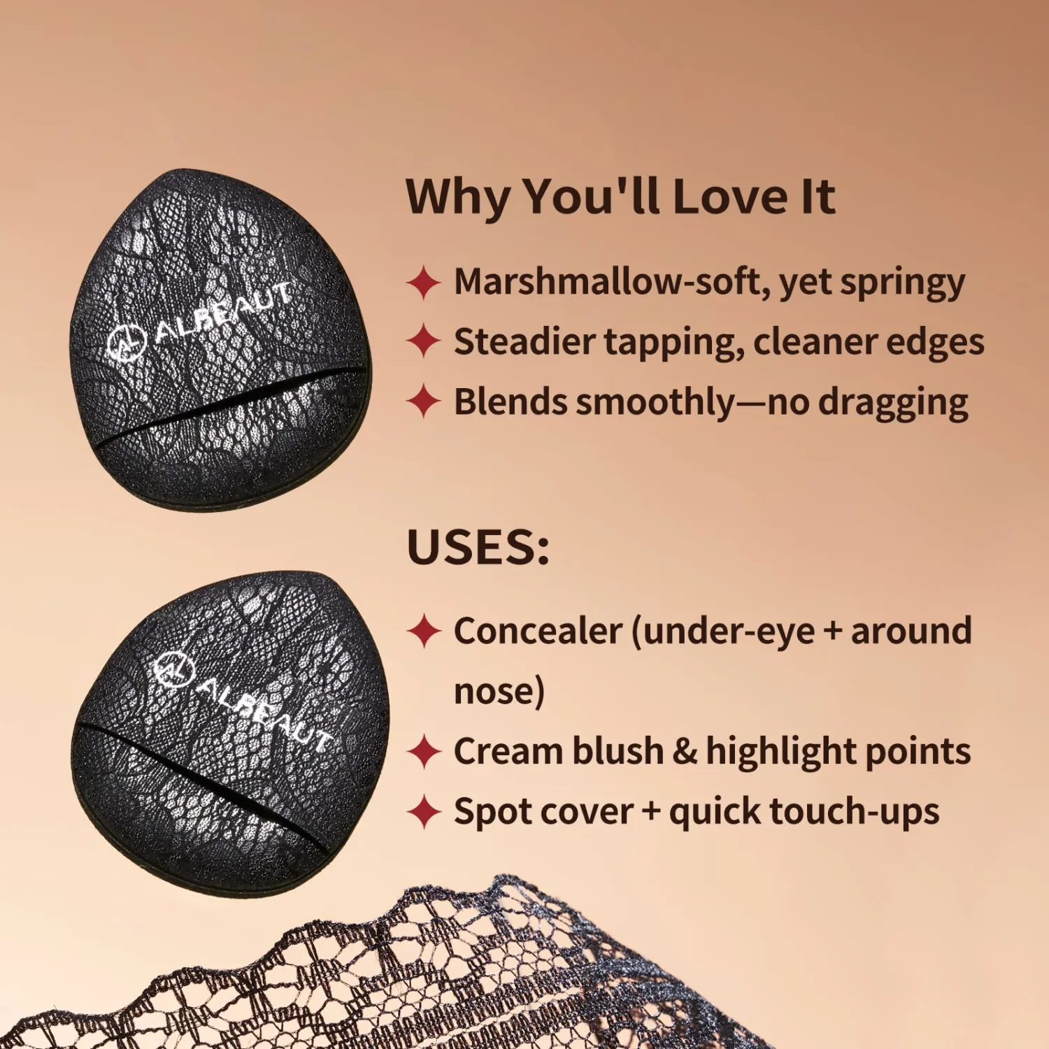 ALBEAUT Mini Cushion Puff, 4PCS Finger-Fit Teardrop Makeup Applicator for Concealer, Cream Blush & Highlighter, Precision Detail Puff for Under Eye & Nose