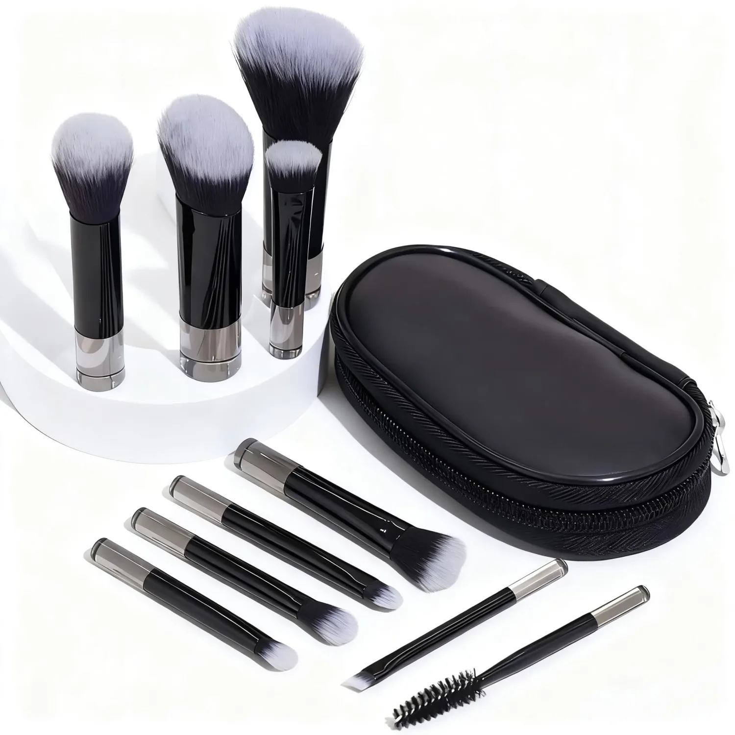 Professional Makeup Brush Set, 10 Piece Mini Travel Brushes with Case, Black Soft Bristle Cosmetic Brushes for Face Powder, Blush, Eyeshadow