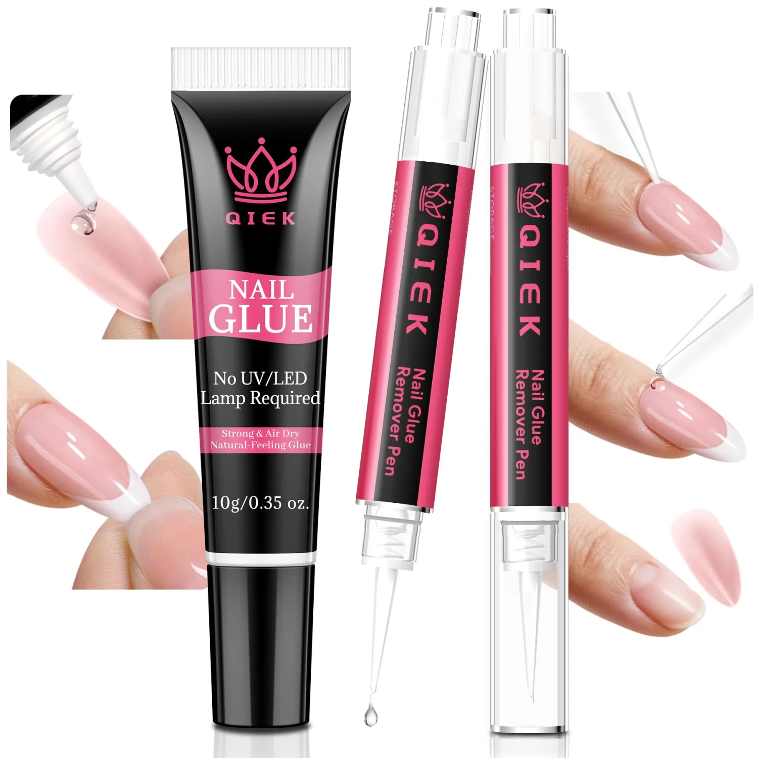 No-Lamp Nail Glue & Remover Pen for Press Ons, Semi Solid No U V Needed Quick Dry 28+ Days Hold, 2 * 3ml Easy Gentle Removal with Tools, DIY At-Home Beginner Set, Not for Gel Polish Base Coat