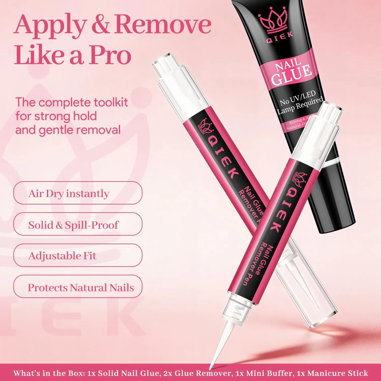 No-Lamp Nail Glue & Remover Pen for Press Ons, Semi Solid No U V Needed Quick Dry 28+ Days Hold, 2 * 3ml Easy Gentle Removal with Tools, DIY At-Home Beginner Set, Not for Gel Polish Base Coat