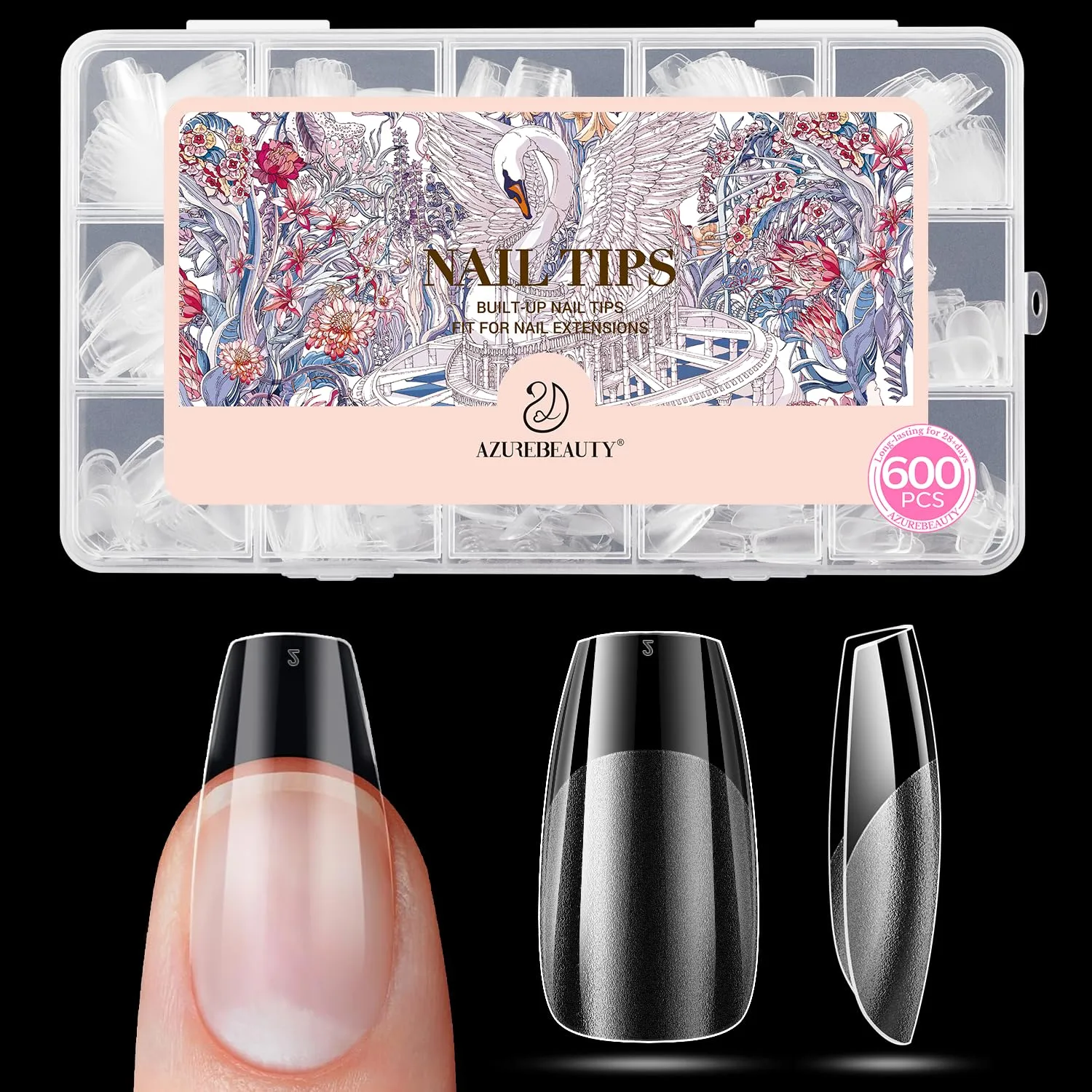 AZUREBEAUTY Short Coffin Nail Tips, 600pcs Pre Etched Soft Gel Nail Tips 15Sizes Acrylic Fake Nails Half Matte Full Cover Clear Press On False Nail Extensions for DIY Manicure at Home Nail Art