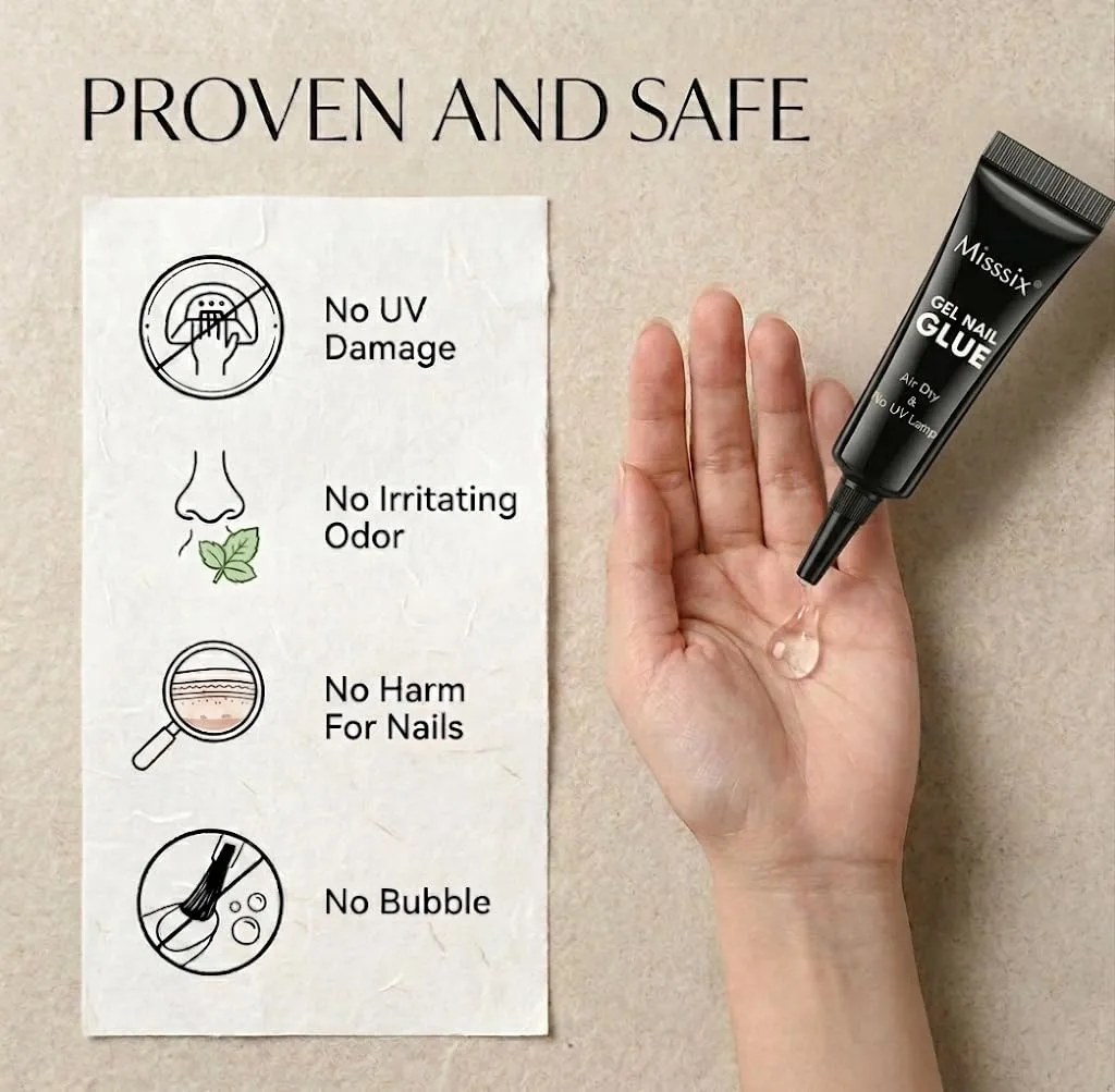 Misssix Super Strong Nail Glue 3ml x 5Pcs for Press On Nails, Nail Tips and Acrylic Fake Nails, Fast Dry No U V Lamp Needed Mini Nail Glue Long-Lasting