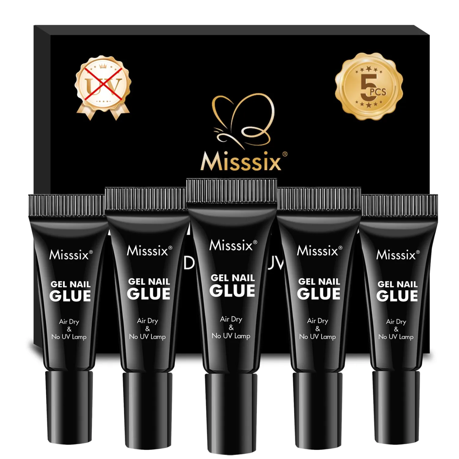 Misssix Super Strong Nail Glue 3ml x 5Pcs for Press On Nails, Nail Tips and Acrylic Fake Nails, Fast Dry No U V Lamp Needed Mini Nail Glue Long-Lasting