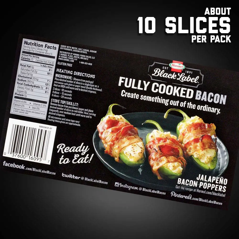 HORMEL BLACK LABEL Thick Cut, Fully Cooked Bacon for Ready to Eat Meals, No Refrigeration Needed, Gluten-Free, 2.52 oz Cooked