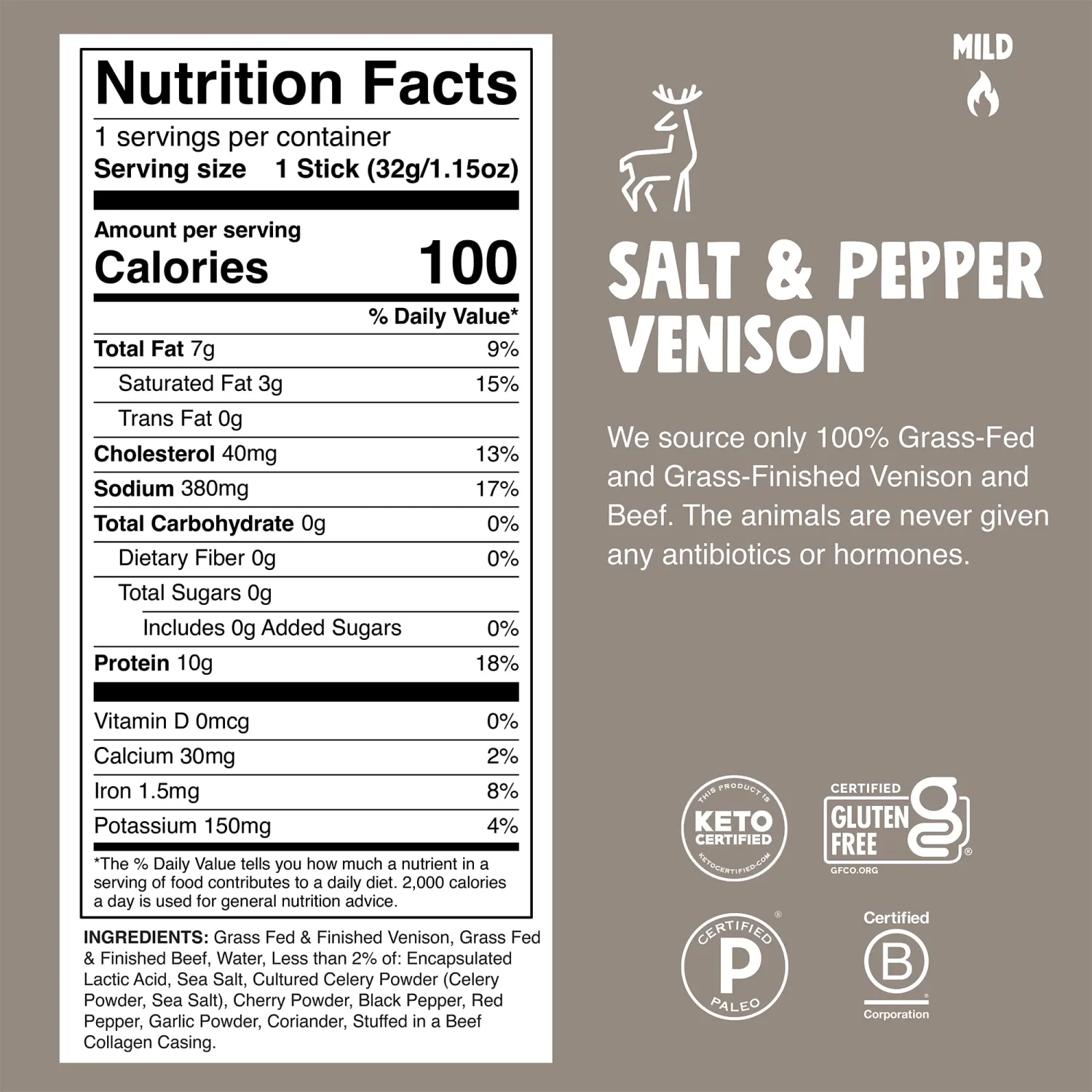 Chomps, Venison Stick Salt & Pepper Mild, 1.15 Ounce