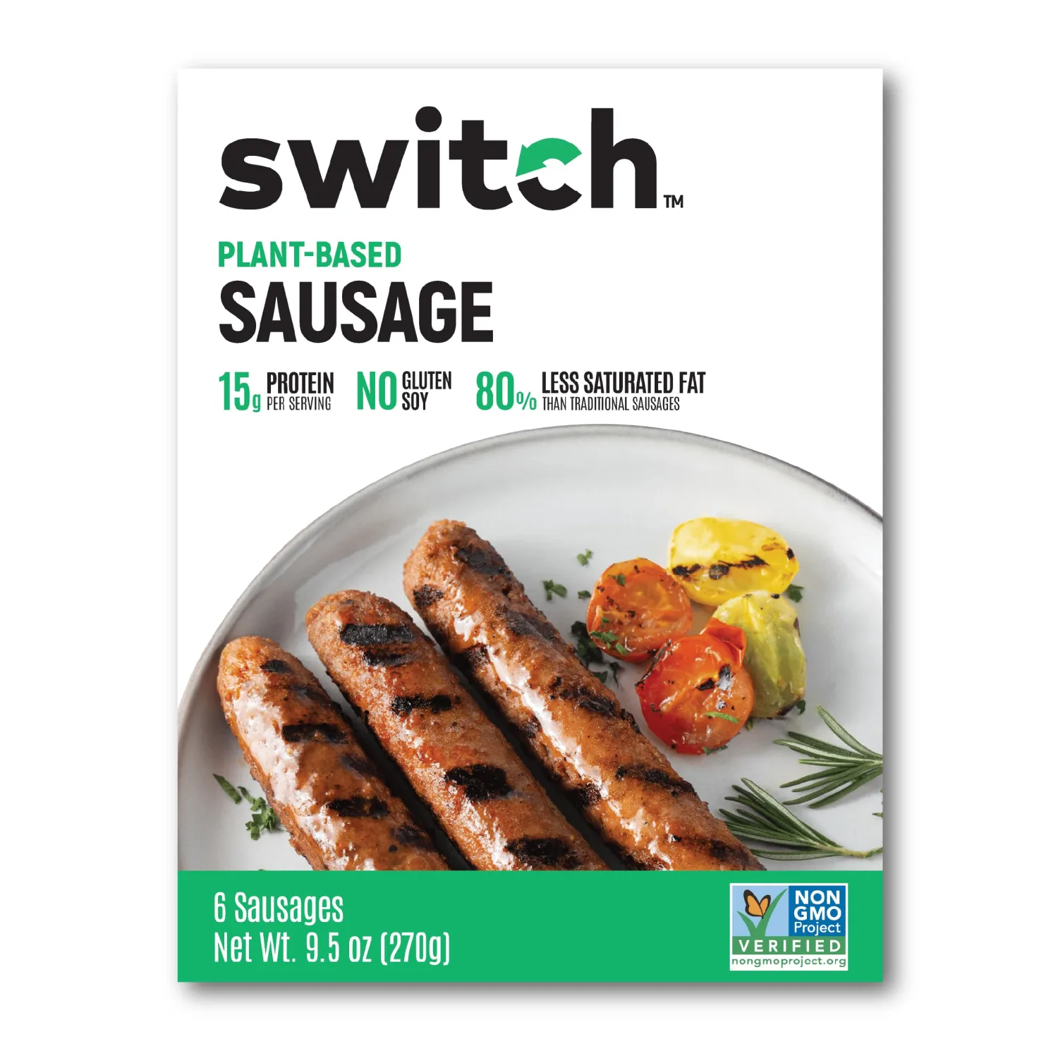 Switch Foods Plant-Based Sausage, Soy Free, Gluten Free, Non-GMO, 6 Count, 9.5 Oz