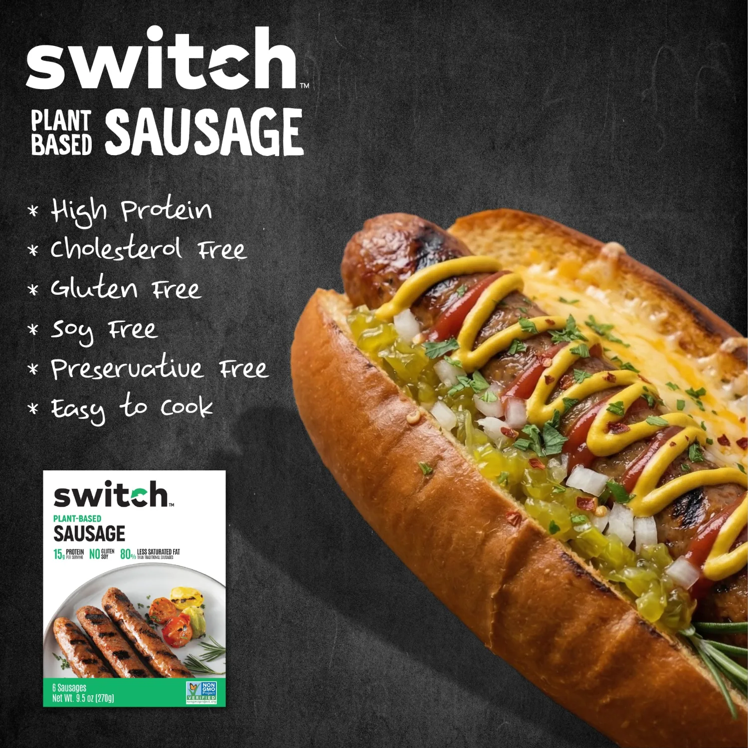 Switch Foods Plant-Based Sausage, Soy Free, Gluten Free, Non-GMO, 6 Count, 9.5 Oz