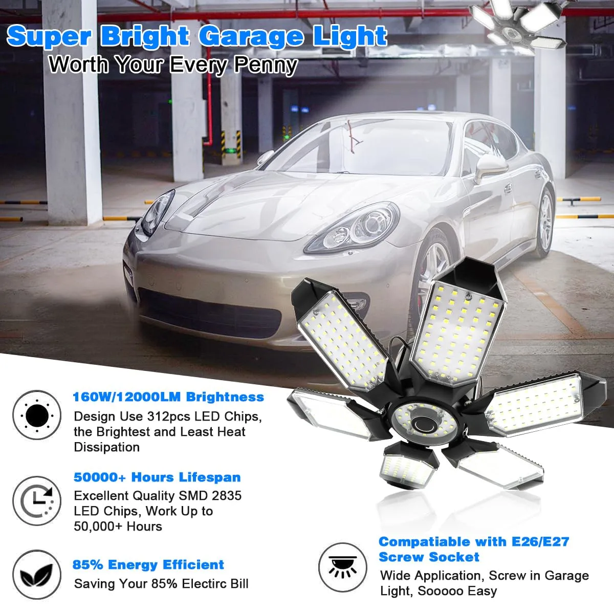 LED Garage Light - 160W LED Garage Ceiling Lights 16000LM Super Bright Garage Lighting with 6 Deformable Panels E26/E27 Screw in Led Shop Lights for Basement Workshop Warehouse Attic