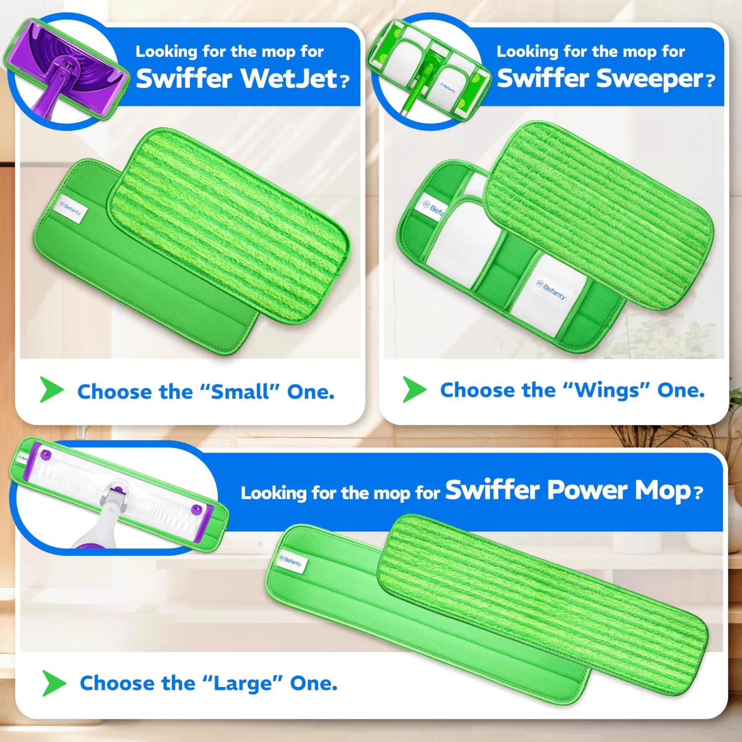2 Pack Reusable Microfiber Mop Pads, Compatible with Swiffer Sweeper, Machine Washable Cloths, Refills for All Floor Cleaning, Hook and Loop, Wet Dry - 10"- 12"
